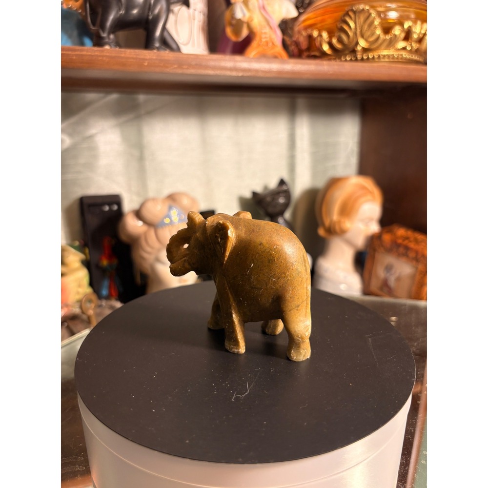 Vintage Hand Carved Stone Elephant Figurine Brown Marble Lucky Trunk Up Decor - Picture 6 of 7